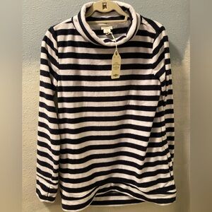 Navy and White Striped Cowl Neck Sweater with pockets and thumb holes Telluride